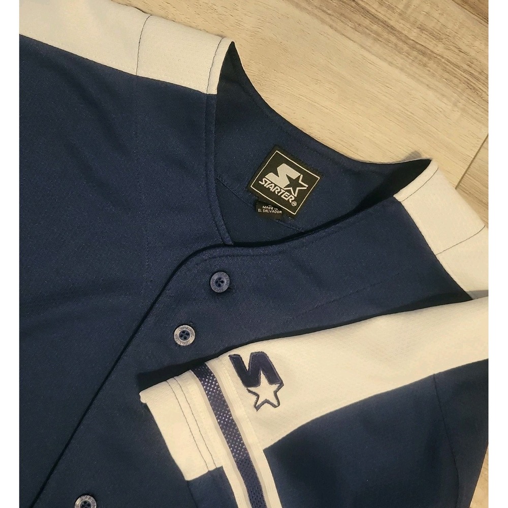 Vintage Y2K Starter Basketball Jersey Large Blue White‎ Striped Button Up SS